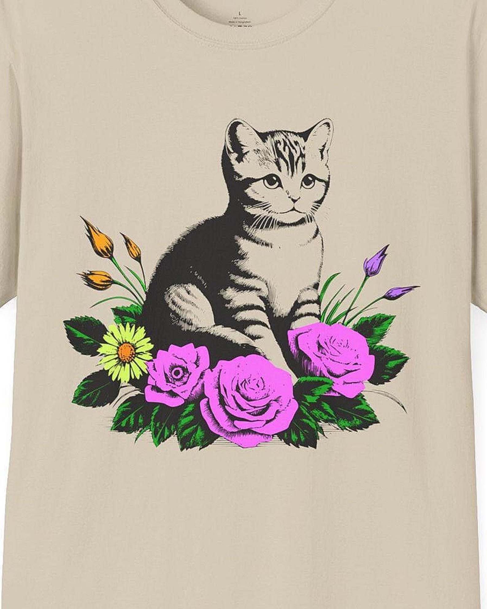 Floral Cat T-Shirt Vintage Kitty Garden Flowers Gift XL