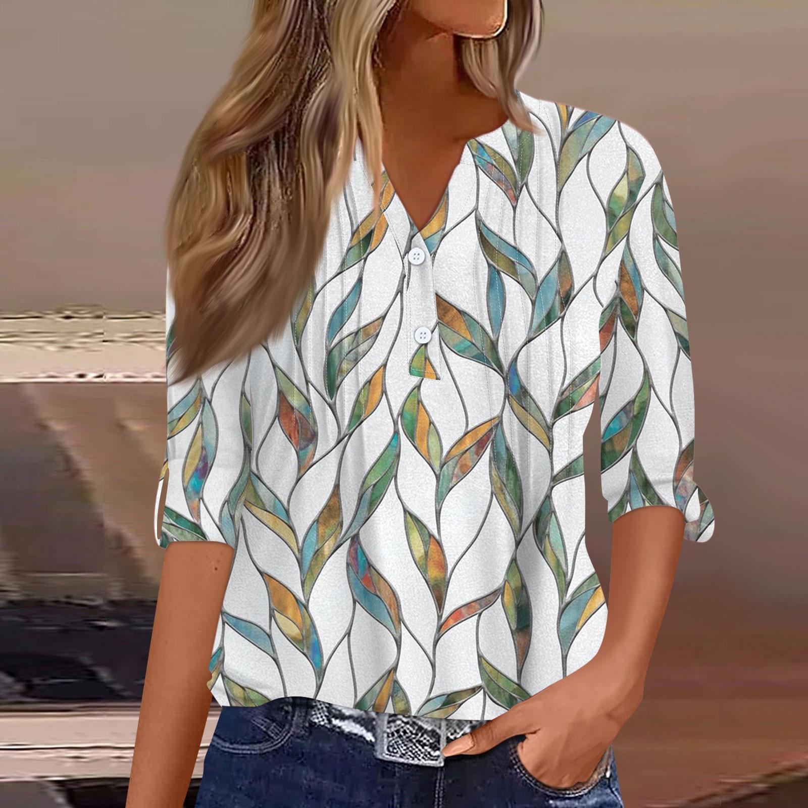 

Женская модная повседневная футболка с v-образным вырезом и длинным рукавом с принтом, топ на пуговицах XXL разноцветный