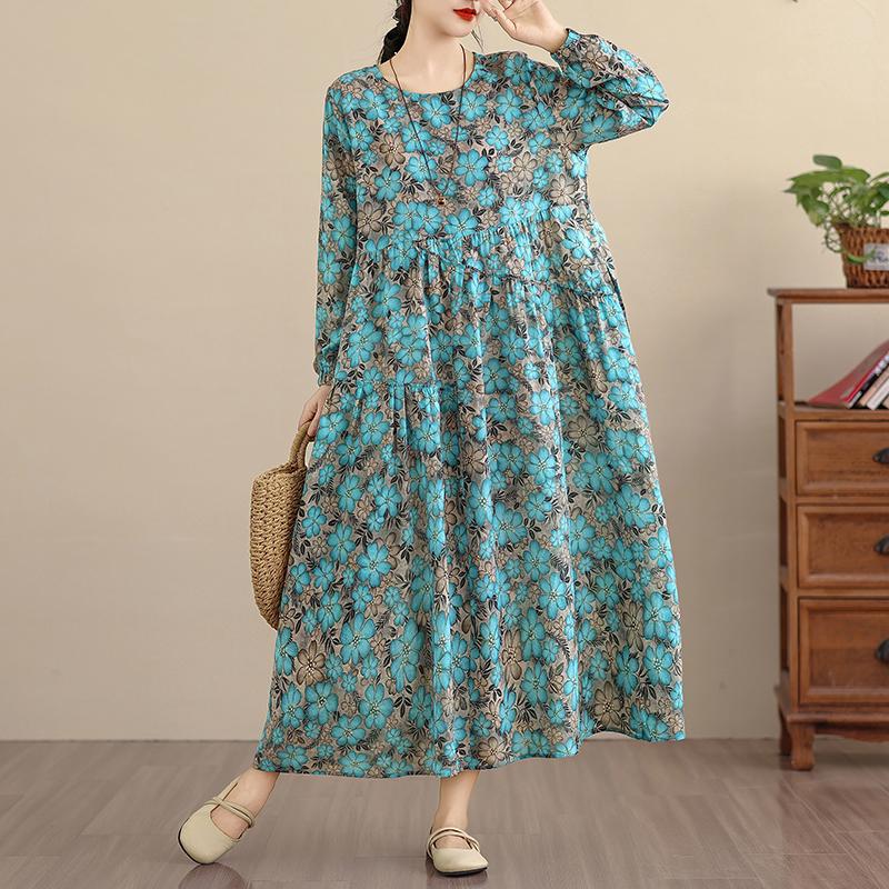 DIMANAF Neu 2025 Damen Übergröße Frühling Langes Kleid Locker Basic Vintage Oversize Langarm Maxi Floral
