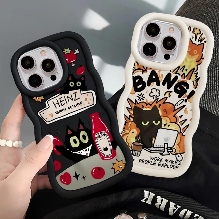 Soft Phone Cover Case for iPhone 16 Pro Max 13 12 15 Plus 17 Air 14 8 11 XR Tomato Sauce Black Cat