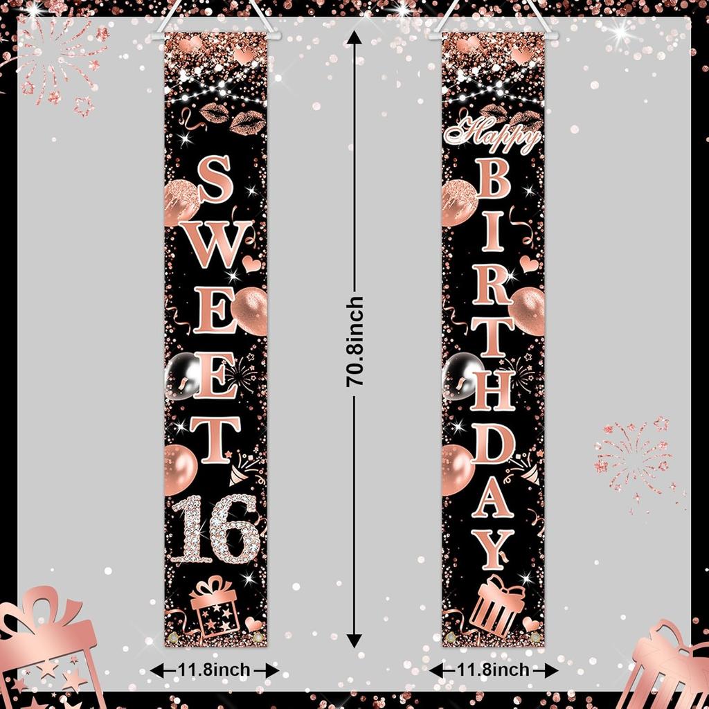 Avezano Sweet 16 Banner Rose Gold Sweet 16 Happy Birthday Porch Signs 16th Birthday Decorations for Girls Sweet Sixteen Year Old Birthday Banner