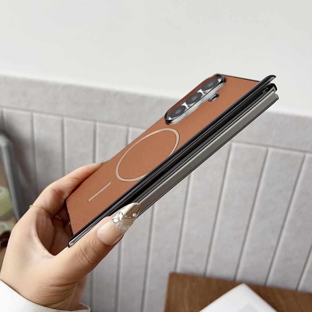 Pebbled Leather Self-rebound Hinge with Thin Magnetic Ring Case For Samsung Z Fold 7 Galaxy Z Fold 6 5 4 Camera protect Cover