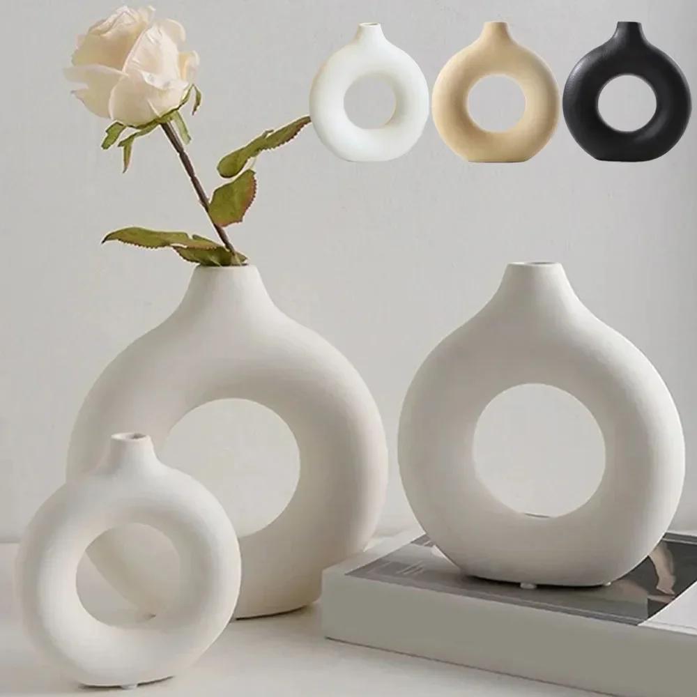 Creative Donut Shape Ceramic Vase Nordic White Circular Hollow Flower Vase Home Office Desktop Living Room Decoration Flower Pot