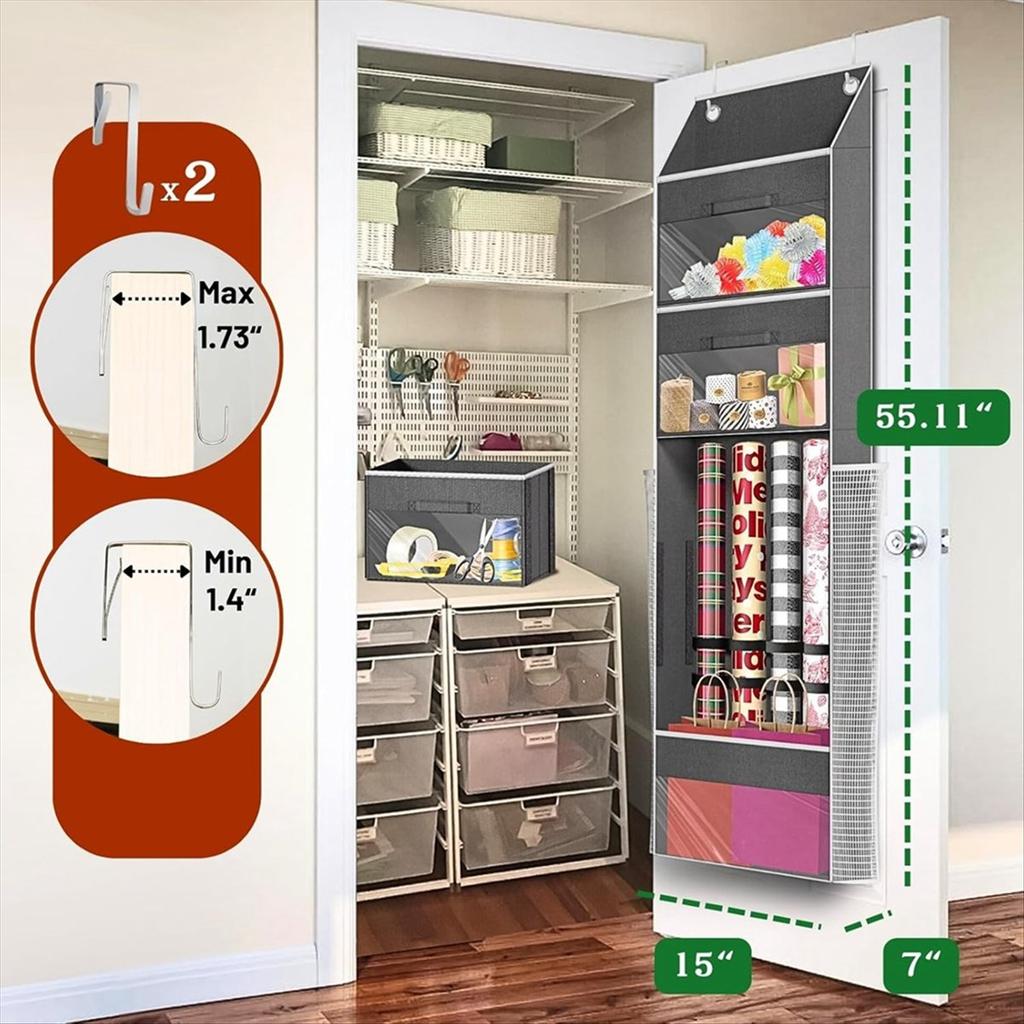 2025+ Over Door Wrapping Paper Organizer Storage with 3 Removable Drawers & Side Pockets - Dual Use Design with Elastic Straps