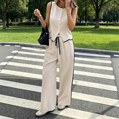 Dames Zomer 2-delige Outfits Mouwloos Knopenvest Wijde Pijpen Broek Sets Casual Zakelijk Werk Combinatieset