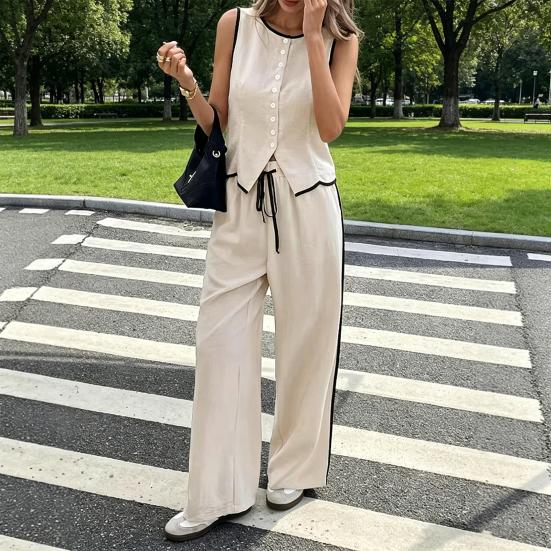 Women Summer 2 Piece Outfits Sleeveless Button Down Vest Wide Leg Pants Sets Casual Business Work Matching Set