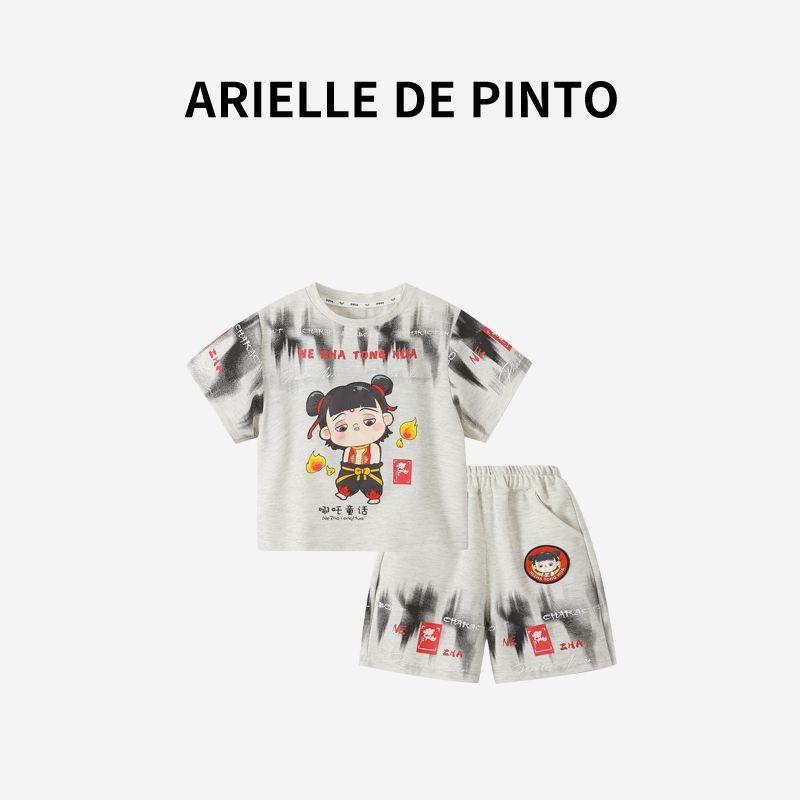 French Arielle De Pinto Boys  Summer Outfit Nezha Graffiti T-Shirt Set Boys  Cartoon Outfit Gray 150
