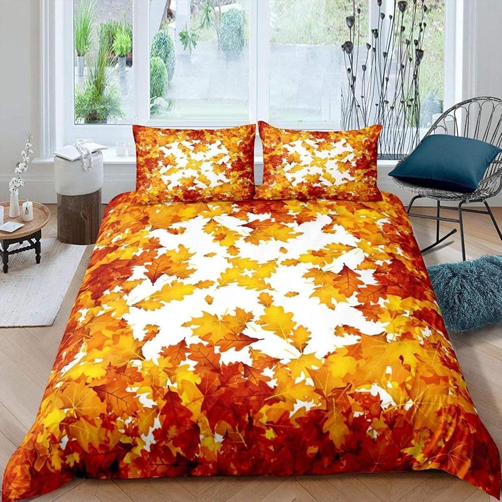 Maple Leaf Duvet Cover Queen Autumn Leaves Bedding Set Old Wooden Plank Vintage Comforter Cover for Boys Adults Room/Cabin Decor