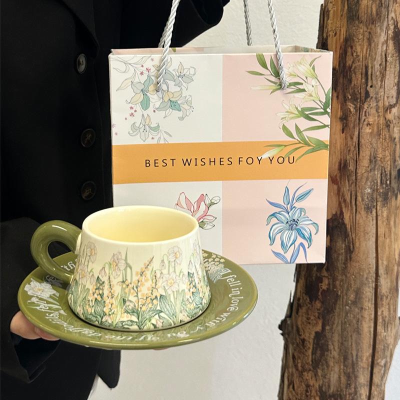 Green Lily of the Valley Mug Ceramic Coffee Cup Saucer Set Gift Box Girls Birthday Gift Mid-Autumn Festival Souvenir