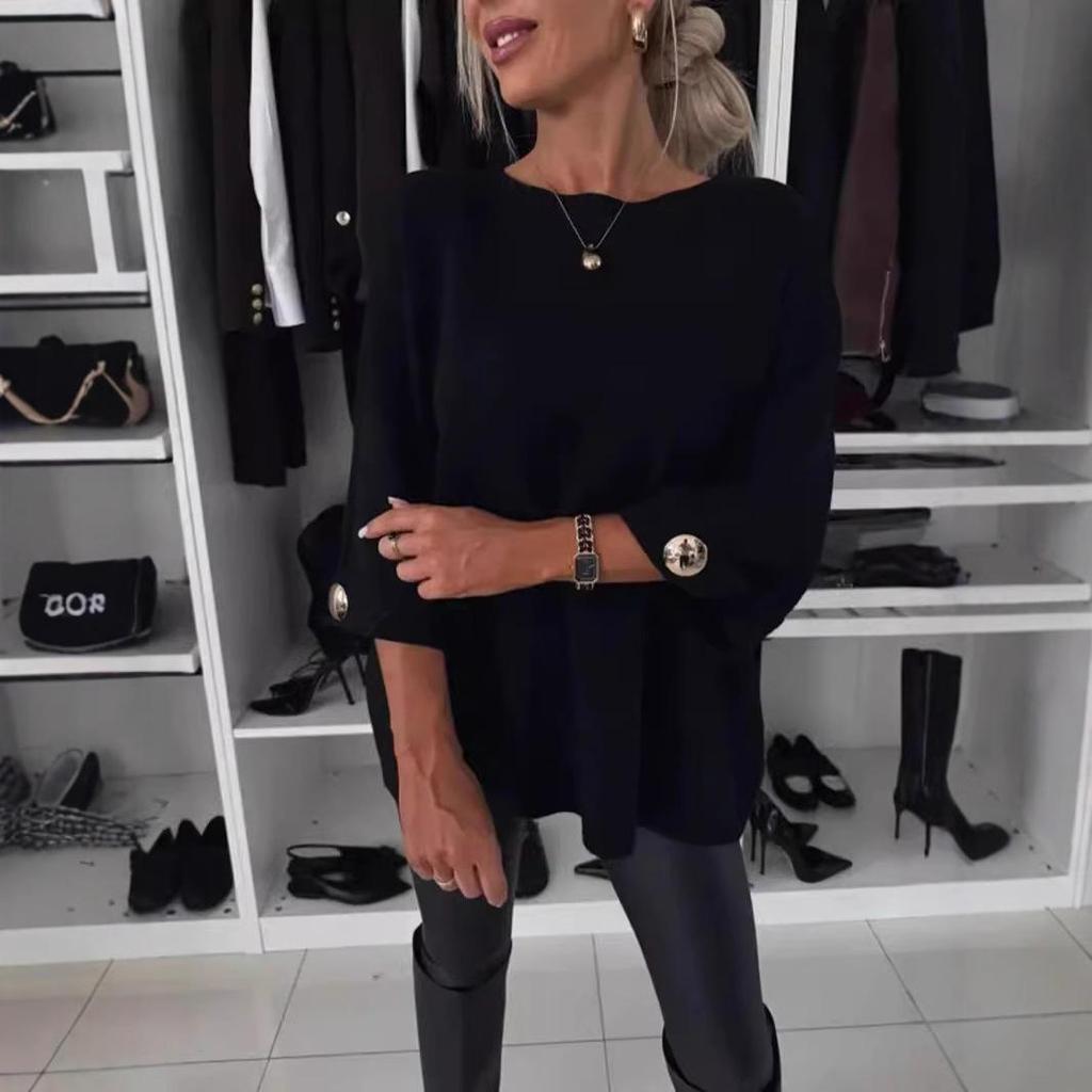 2024 Autumn Women's Solid Color Round Neck Mid-Sleeve Knitted Casual Top