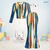 Girls Round Neck Long Sleeve Blue Pink Printed Flared Pants Two Piece Outfit