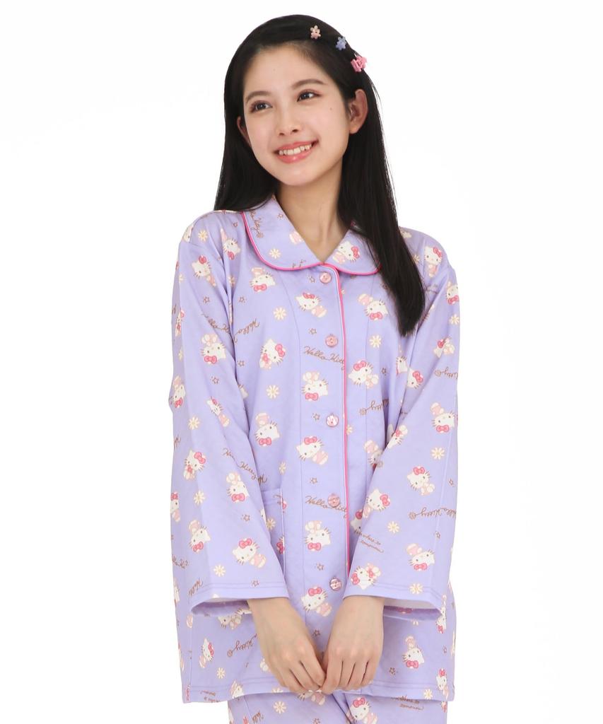 SAZAC Hello Kitty Knitted Quilted Shirt Long Sleeve and Pants Loungewear Women's Pajamas, Set, (Purple/L/SAN1854)