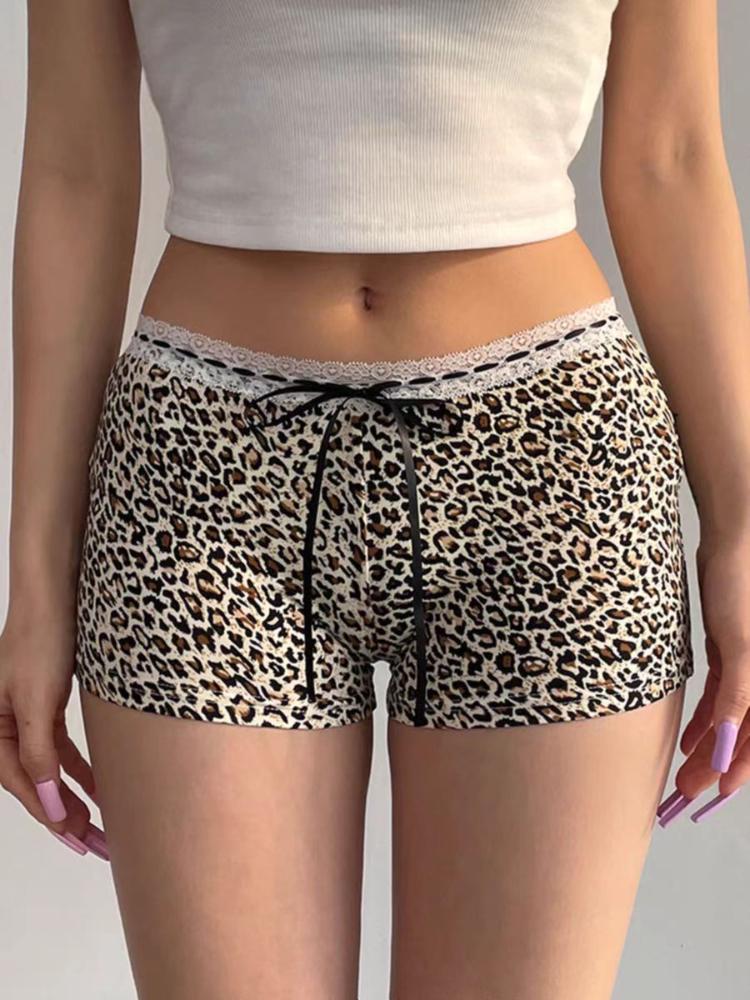 Sommar Grunge Short Leopard Sexiga spetsjeans Dam Estetisk Y2k Rosett Skinny Streetwear Byxor Kvinnlig Vintage A-linje Slim Shorts Kläder
