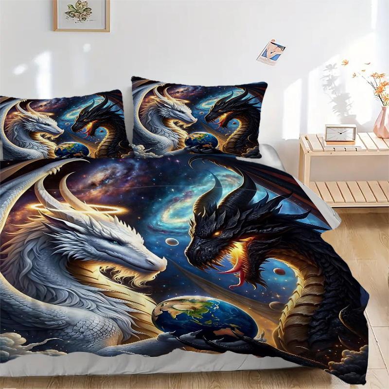 3pcs Two Dragons One Earth Printed Duvet Cover Set (1 * Cover+2 * Pillowcase, Without Core), Suitable for Home Bedroom, Guest Room, Dormitory Dec