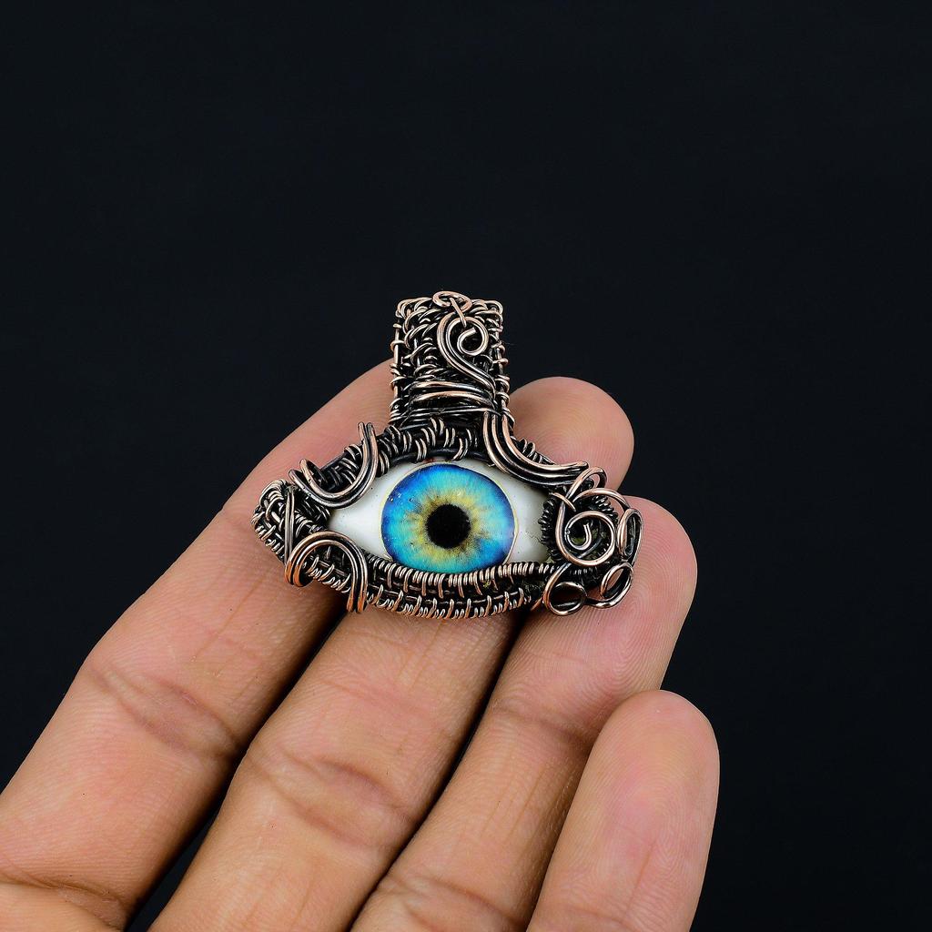 Evil Eye Pendant, 999 Copper Wire Wrapped Gemstone Jewelry, Handmade Pendant, For Mother Day