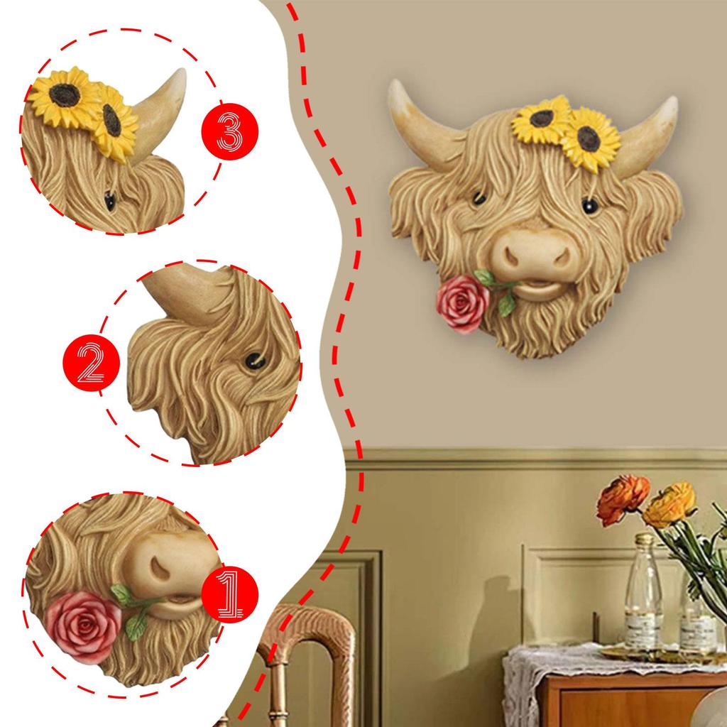 Highland Cow Head Wall Decor Wall Sculpture Cute Decorative Wall Art Decor Ornament for Home Fence Farmhouse Office Outdoor