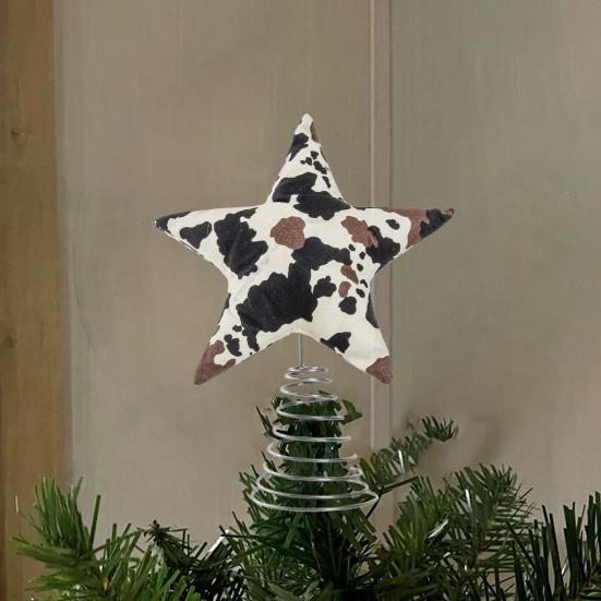 Soft Fabric Star Tree Topper Plush Star Christmas Treetop Ornament with Milk Cow Pattern for Farmhouse Holiday Home Decor