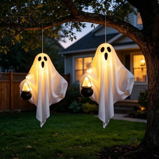 Night Festival Scene Decorations Halloween Hanging Ghost with LED Lights, Spooky White Gauze Glowing Ornament, Unique Gift Ideas Flexible Figures for