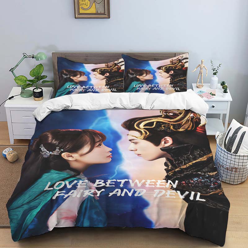 Ancient Chinese fantasy couple print bedding set, three-piece set, duvet cover and pillowcase set, dormitory single and double b