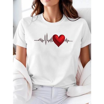 Women's Casual Round Neck T-Shirt Soft Heartbeat Print Short Sleeve Tee For Daily Outings