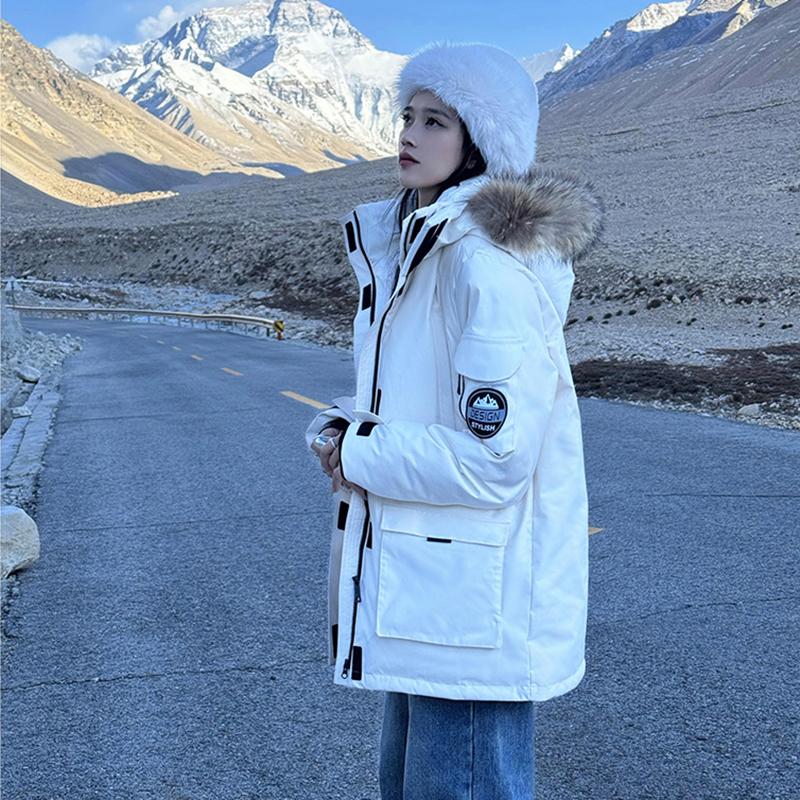 Roupa de Trabalho Outono e Inverno com Gola de Pele, Jaqueta Parker de Algodão com Penas, Jaqueta de Algodão Moda Americana, Jaqueta Quente Média a Longa, Roupa Exterior de Algodão Casual