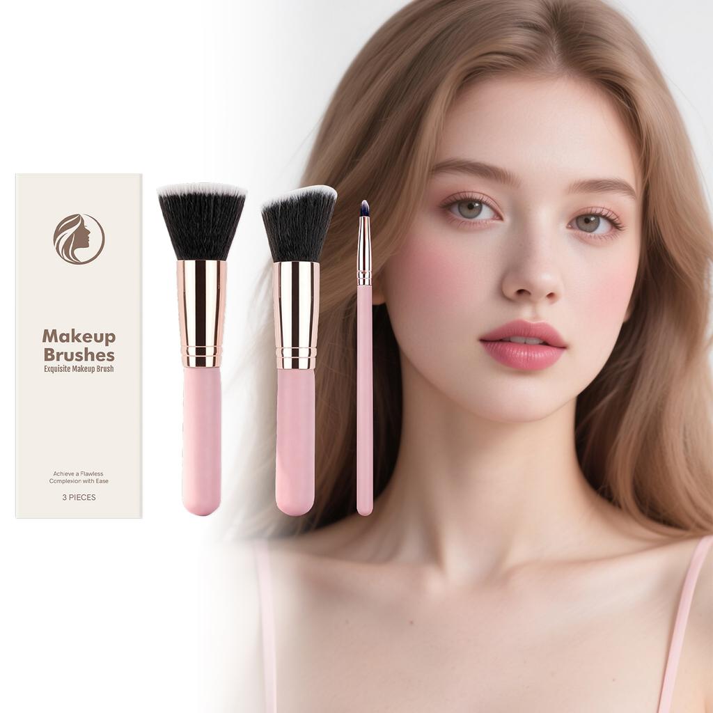 Makeup Brush Set 3 Pieces Flat Top Kabuki Brush Angled Contour Brush Precision Detail Brush for Face Application and Blending