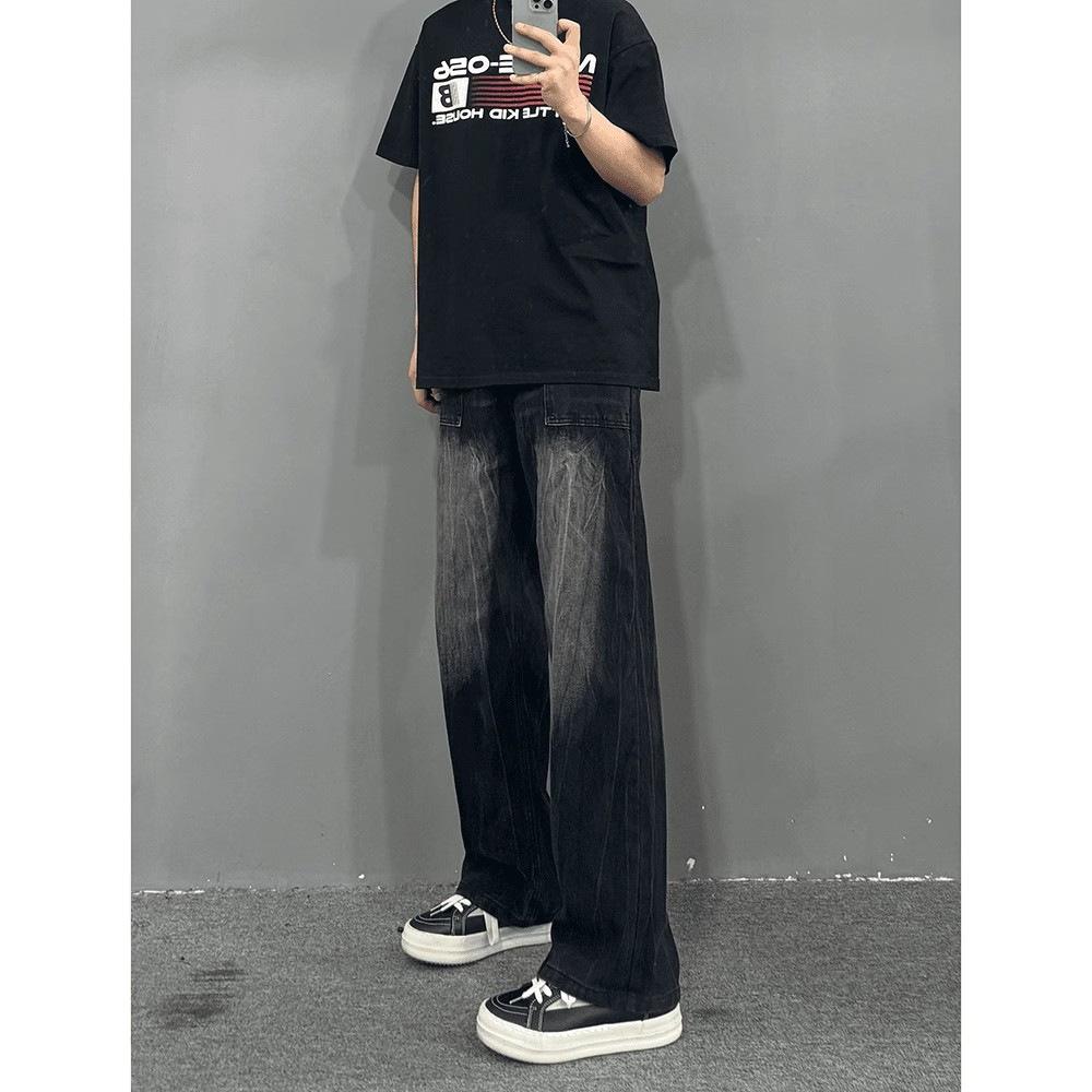 Hong Kong Trendy Men's Summer New Personalized Letter Jeans Hip Hop Ins Trendy High Street Trendy Ruffian Handsome Trousers