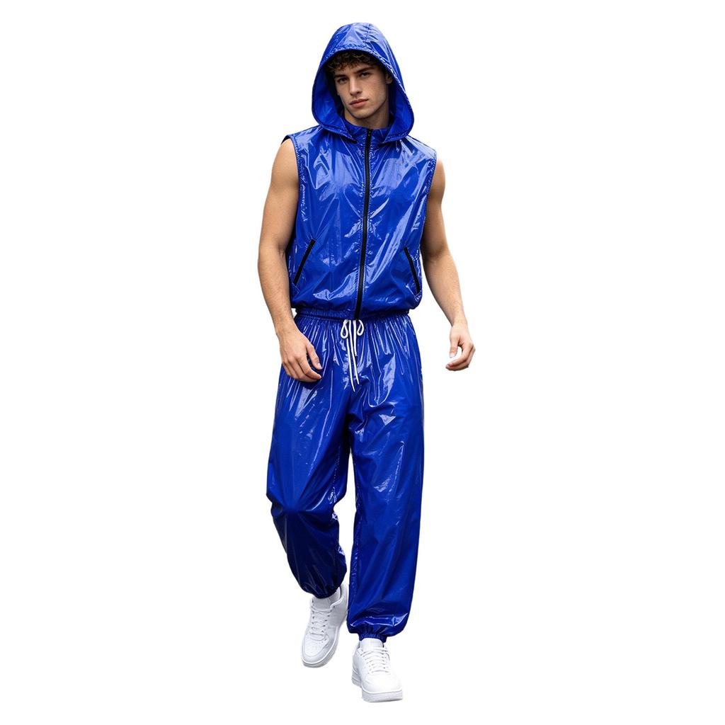 Men Waterproof Sports Tracksuit Front Zipper Sleeveless Vest with Detachable Hood and Jogging Pants for Workout Cycling Running Gym