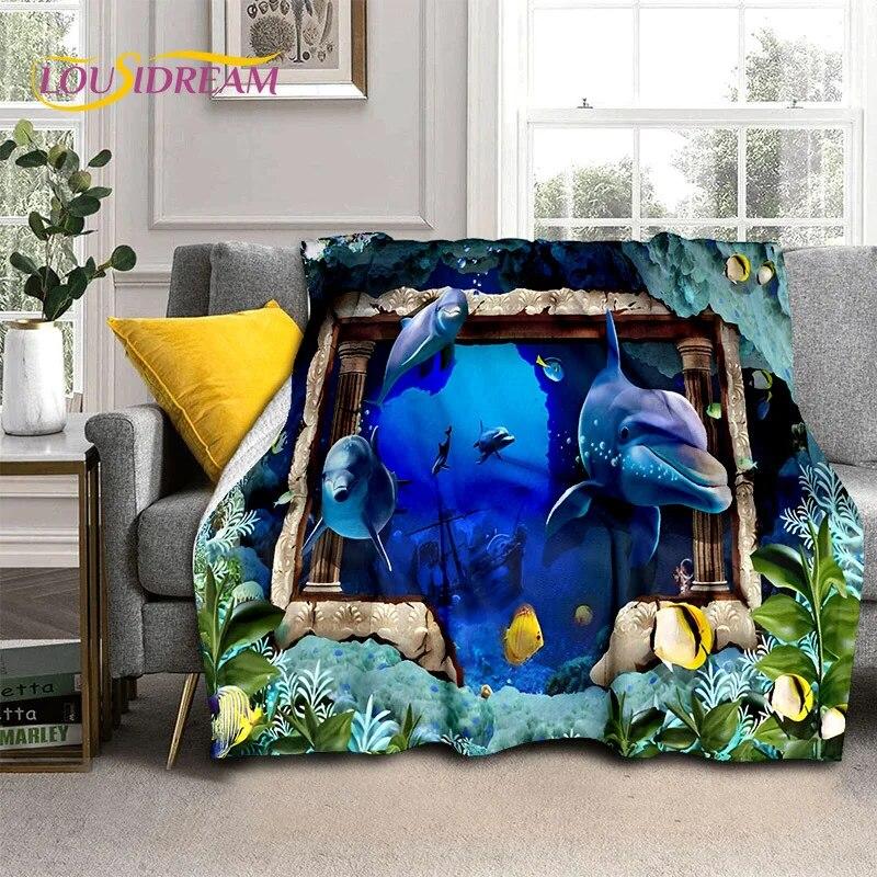 Cartoon Underwater World 3D Seabed Illusion Blanket,soft Throw Blanket for Home Bedroom Bed Sofa Picnic Office Cover Blanket Kid