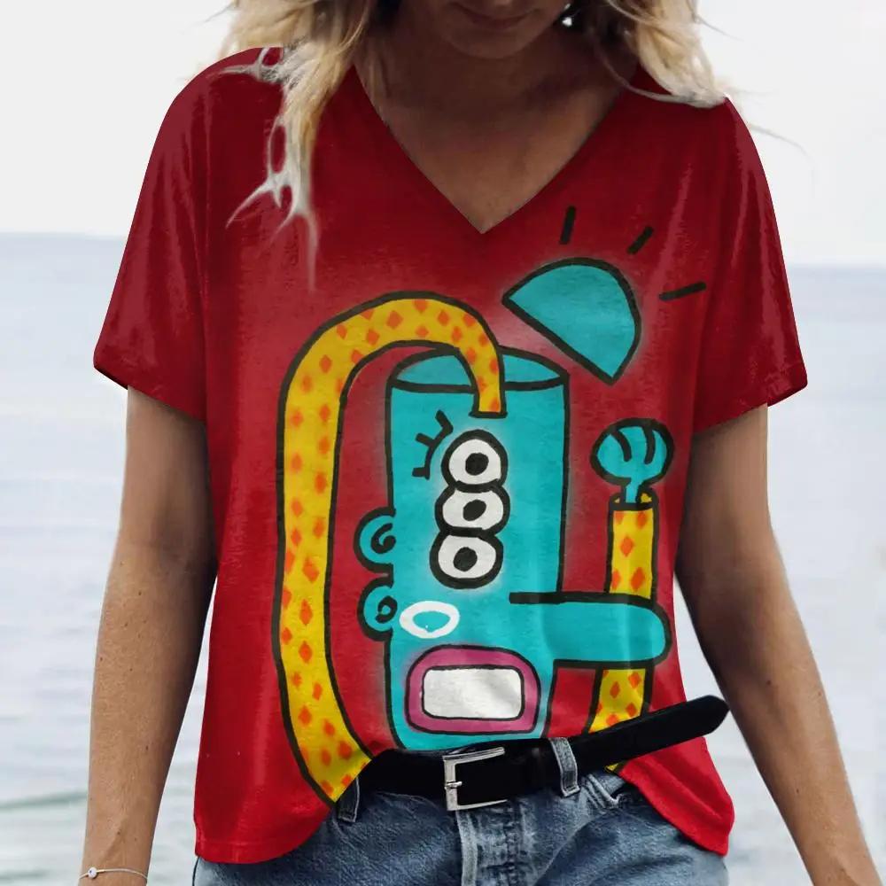 Letní dámské módní tričko Exagerovaný umělecký potisk Topy Trička Dámské Vintage Krátký rukáv Oblečení Dámské Denní Ležérní Streetwear