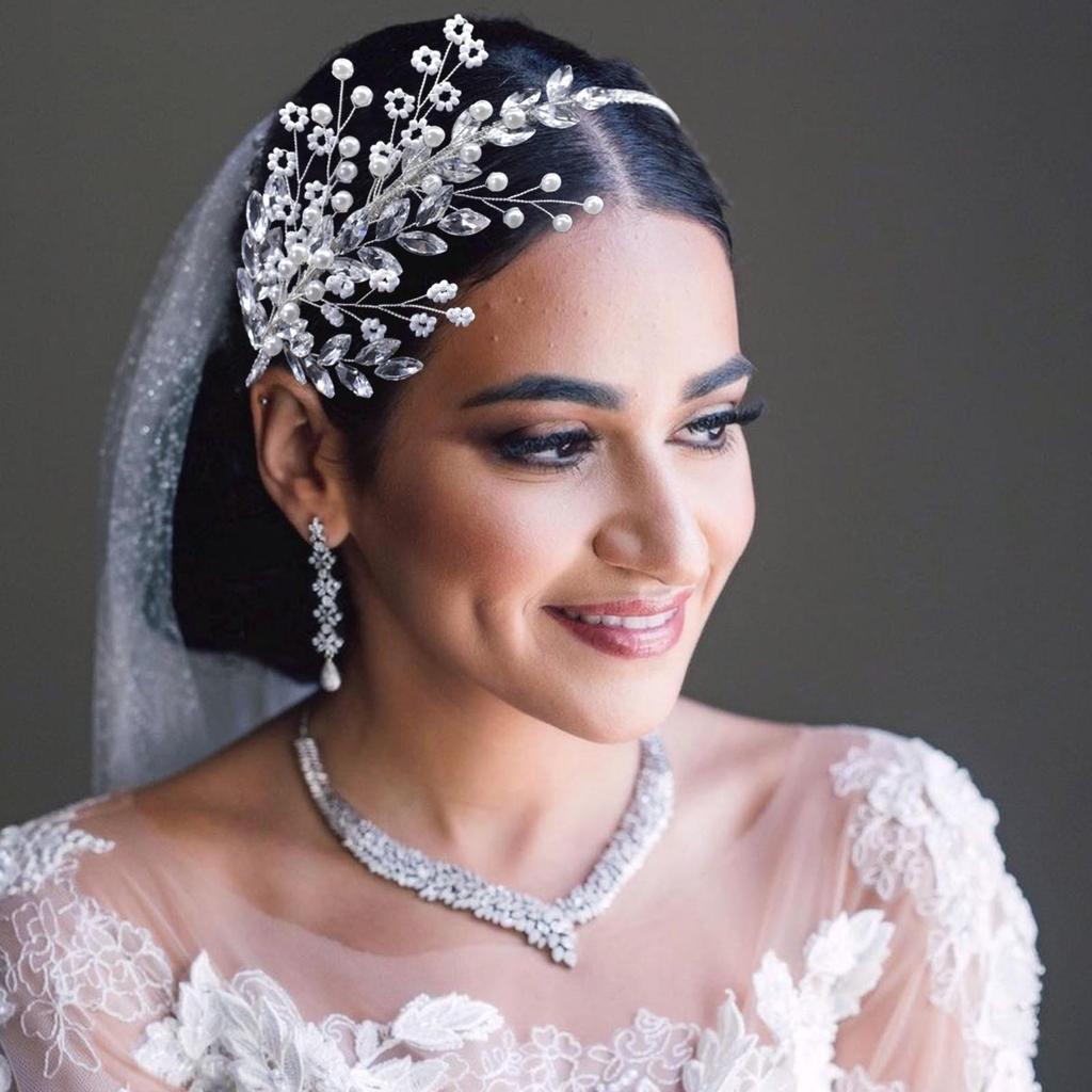 Double Row Pearl Rhinestone Claw Chain Headband with Wedding Veil
