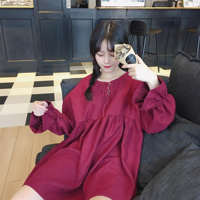 2025 Frühling/Herbst Damen Koreanisch-Japanischer Stil Schnürkleid Trompetenärmel Midi-Kleid