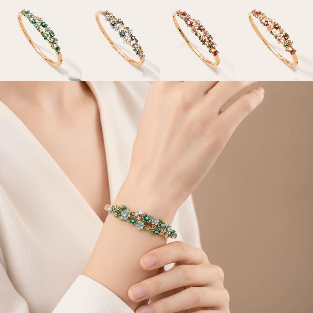 Rhinestone Decor Enamel Bracelet Colorful Floral Open Cuff Bangle Wedding Jewelry