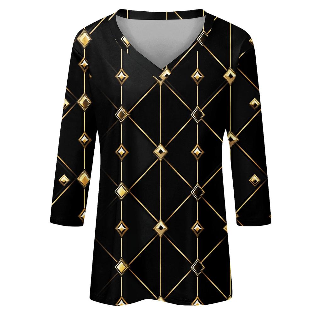 Women's Tops Three-quarter Sleeve Shirt V-neck Loose Casual Shirt Textured Printed T-shirt