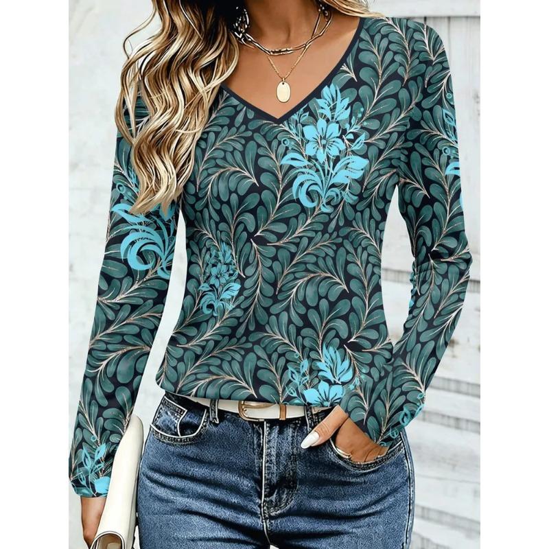 Women's Autumn 3D Printed V-Neck Long Sleeve T-Shirt