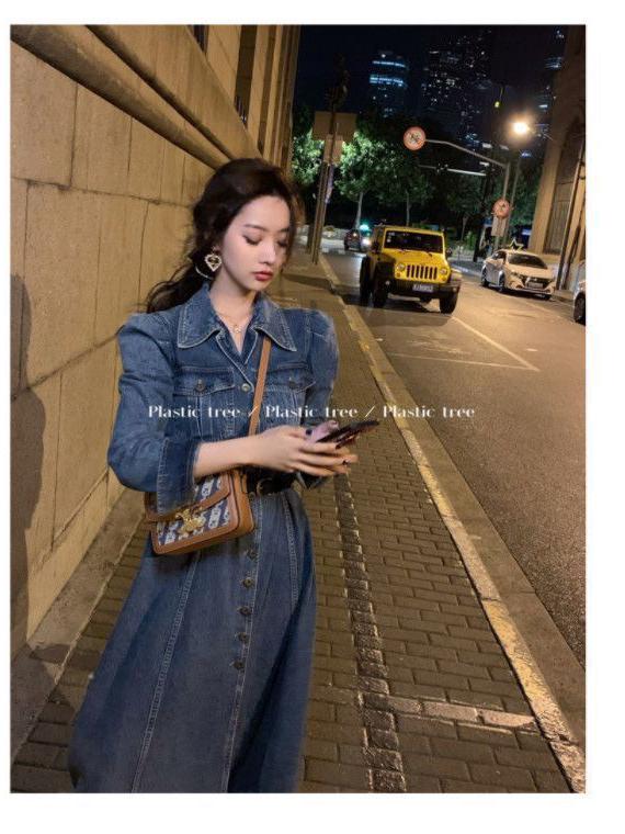 Hong Kong Retro Denim Shirt Dress for Women: Slim-Fit, Elegant, Single-Breasted, Perfect for Spring & Autumn