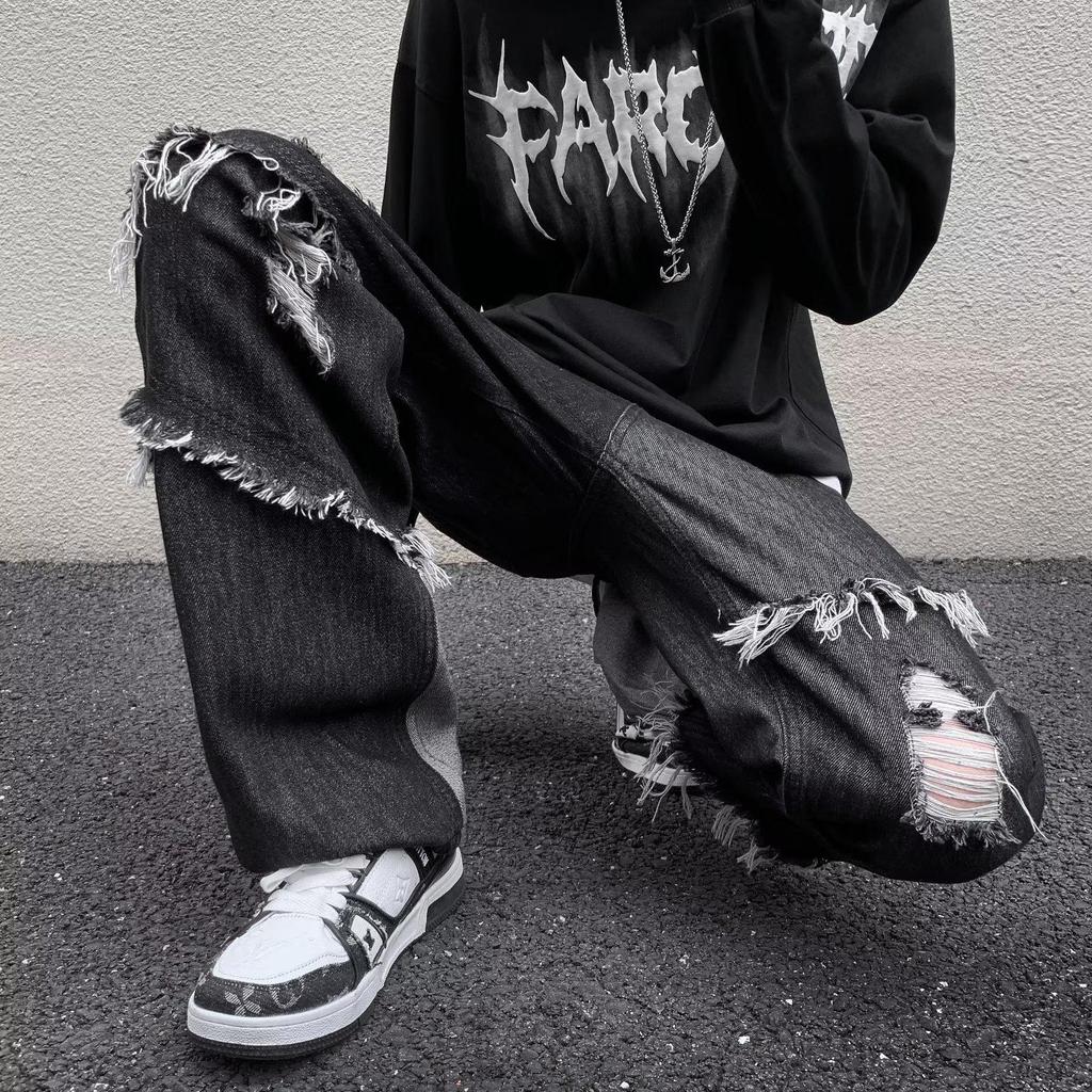 Men's European-Style Black Tassel Jeans - Trendy, Skinny Fit, Elastic, Raw Edge, Korean Fashion.