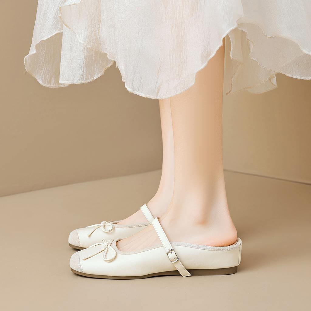 Weiwei girl 863-1 bag head half slippers women's summer wear one word with square head bow inner height-increasing single shoes women