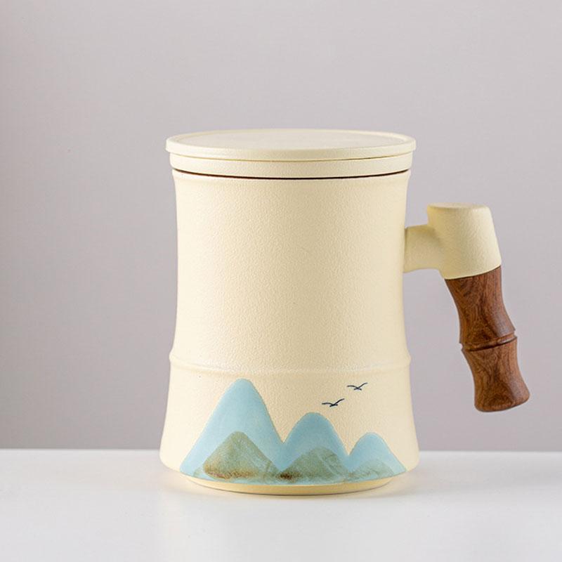 400ml Ceramic Tea Mug with Infuser and Lid for Loose Leaf Tea Steeper Mug with Wood Handle Mugs Tea Lovers Gifts