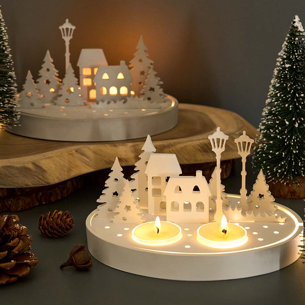 Round Candle Holder Silicone Mold with Hollow Tree House Street Lamp DIY Nightlight Silhouette Candlestick Mold 3D Plaster Craft