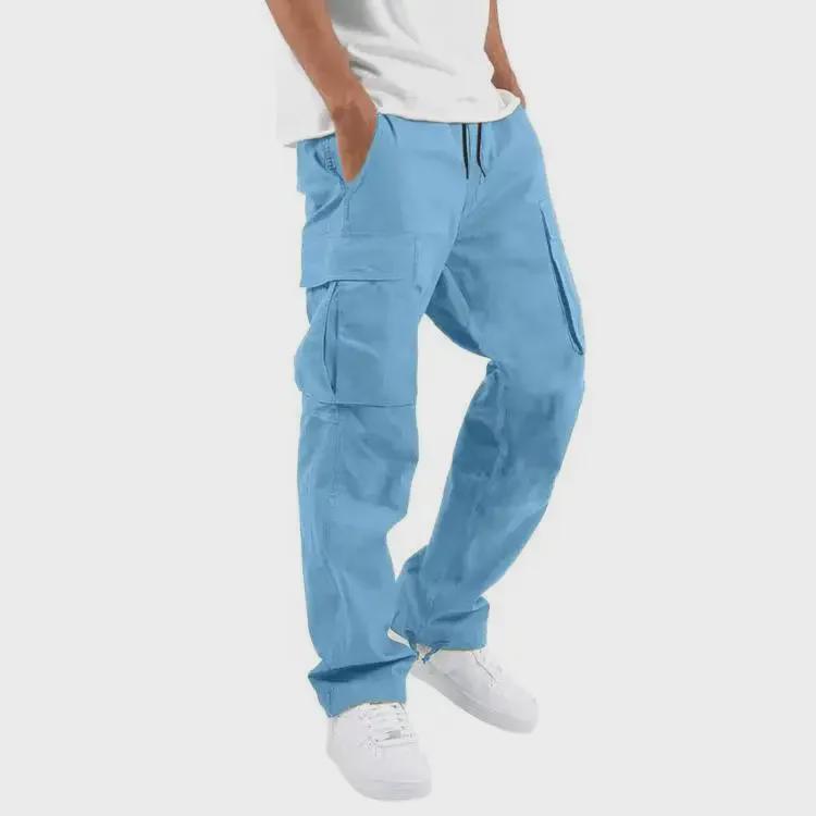 Men's Straight Casual Multi-Pocket Overalls for Spring and Autumn with Drawstring.