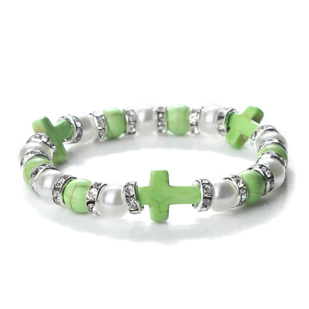 

8mm Natural Pine Stone Bracelet Crystal Rhinestone Pearl Beads Bangle Adjustable Charm Jewelry with Cross Pendant Gift for Women світло-зелений колір