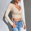 2026 women's sexy V-neck T-shirt spring and summer waist strap slim long-sleeved bottoming top