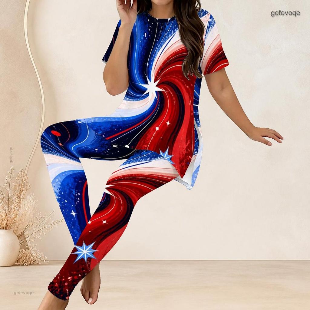 Women Plus Size Two Piece Set Round Neck Short Sleeve Eagle Printed Longline Top And Fitted Pants