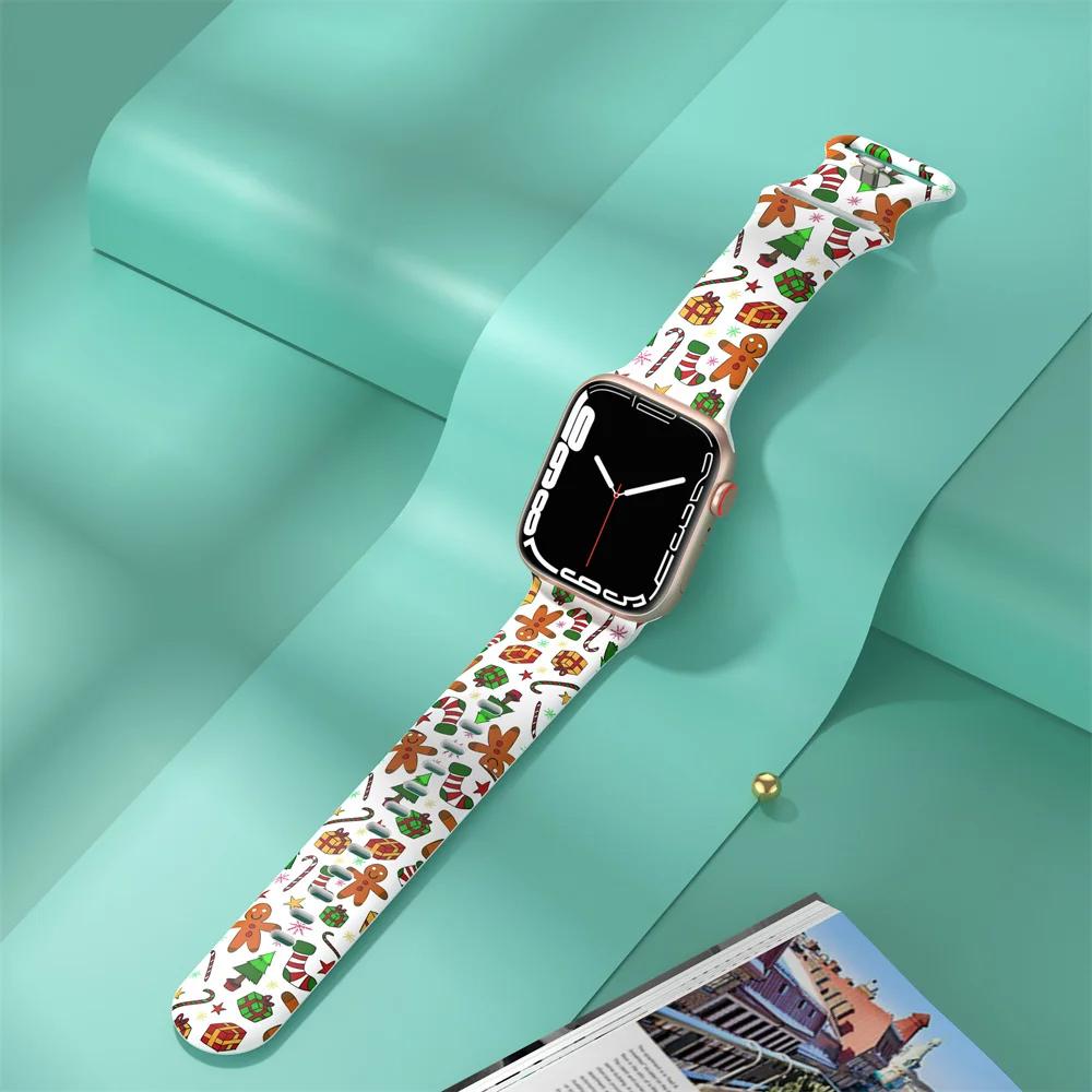 Pentru curele de Crăciun Pentru curea Apple Watch 44mm Ultra 2 49mm 40mm femei Brățară silicon imprimată iWatch Series 9 8 7 6 5 SE 41/45mm