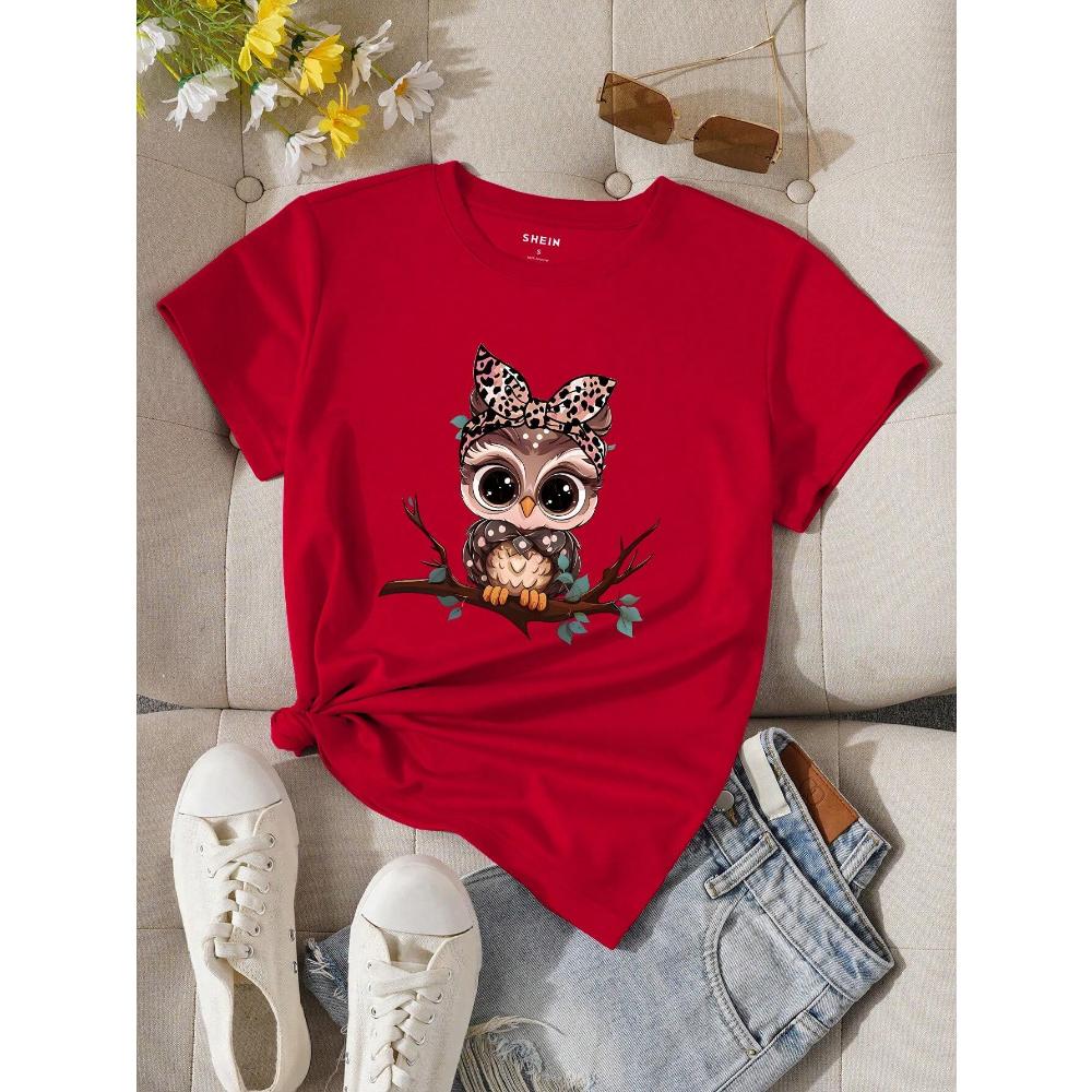 Women's Summer Cartoon Owl Printed Round Neck Short Sleeve Casual T-Shirt