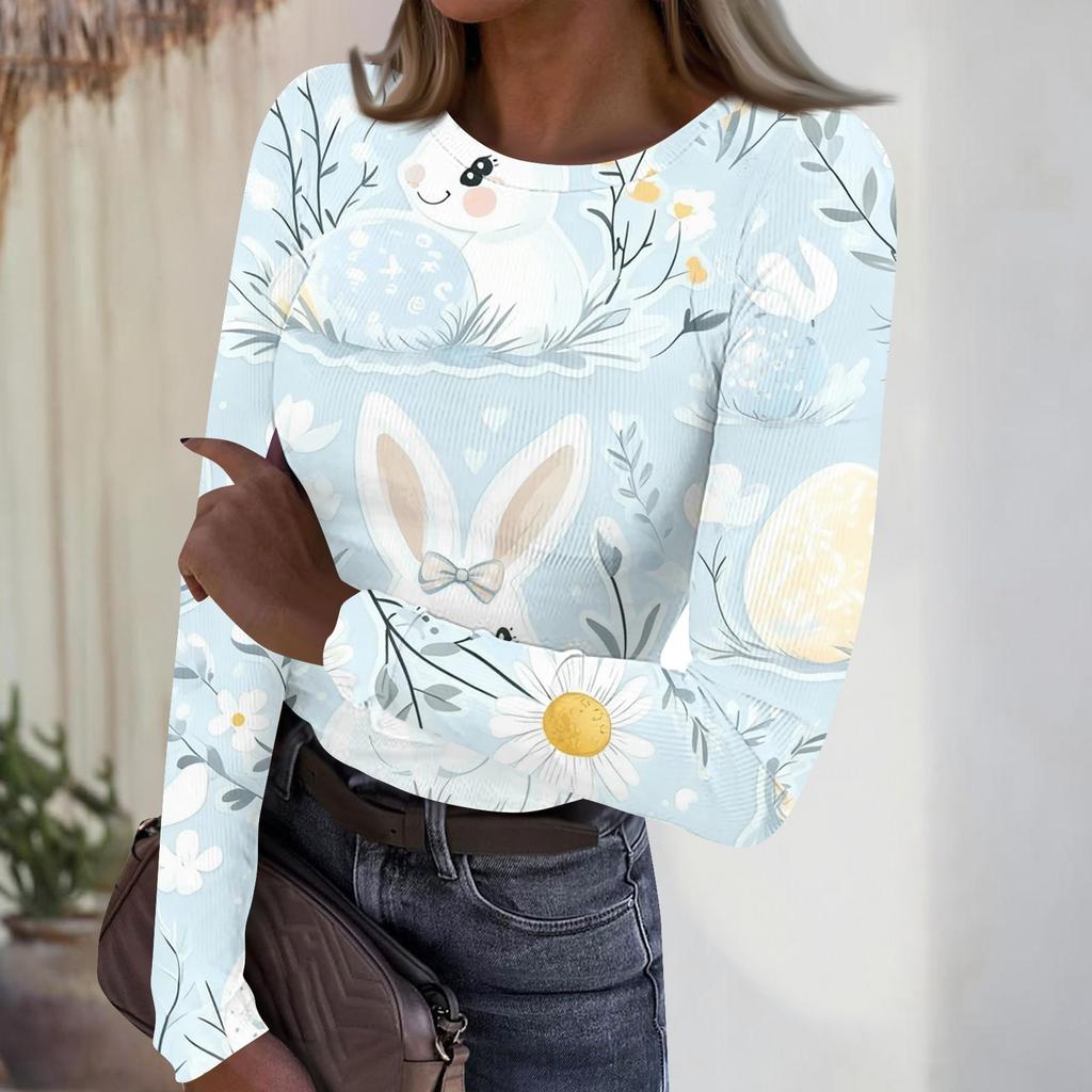 Women's Casual Fashion Round Neck Easter Print Long Sleeve Strip Top