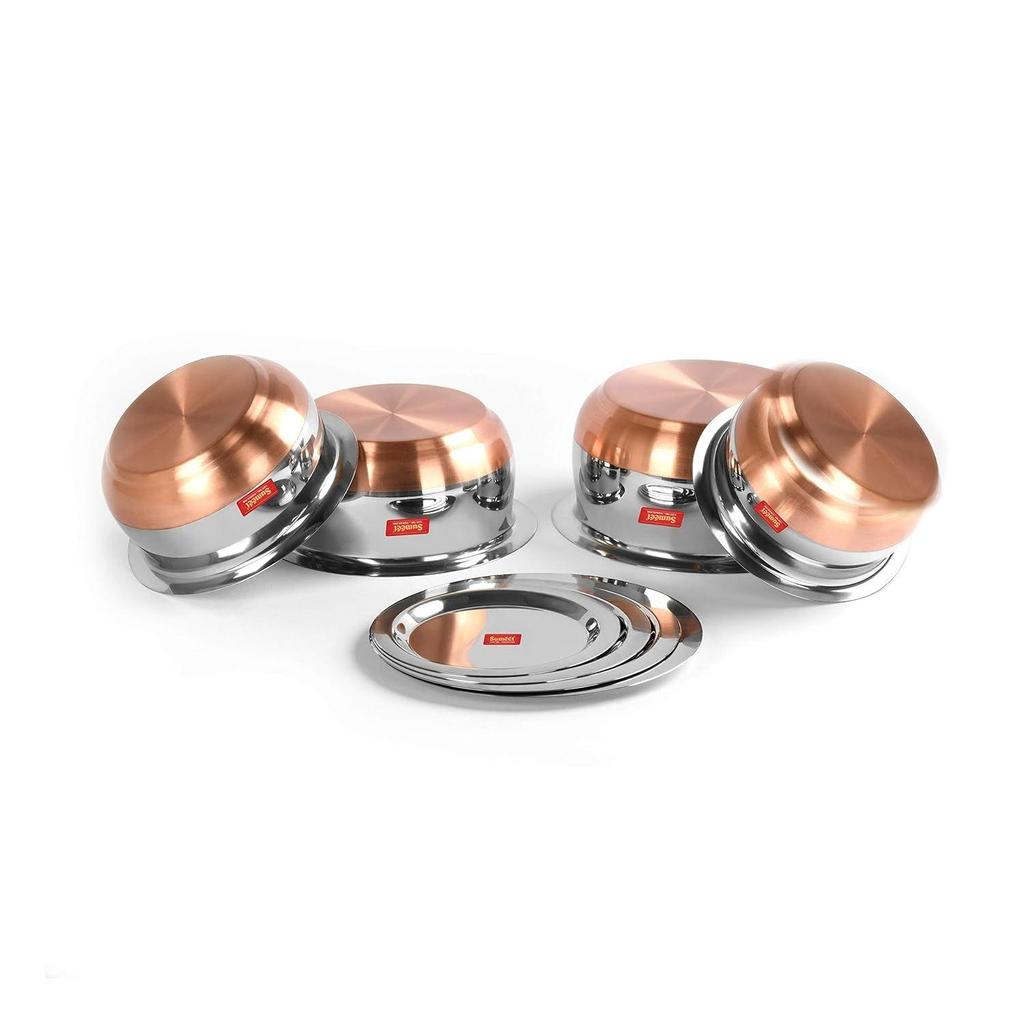 Stainless Steel Copper Bottom Belly Shape 4 Pc Tope/Cookware/Pot Set with Lid 380ML, 500ML, 780ML, 1.1Ltr, (Silver)