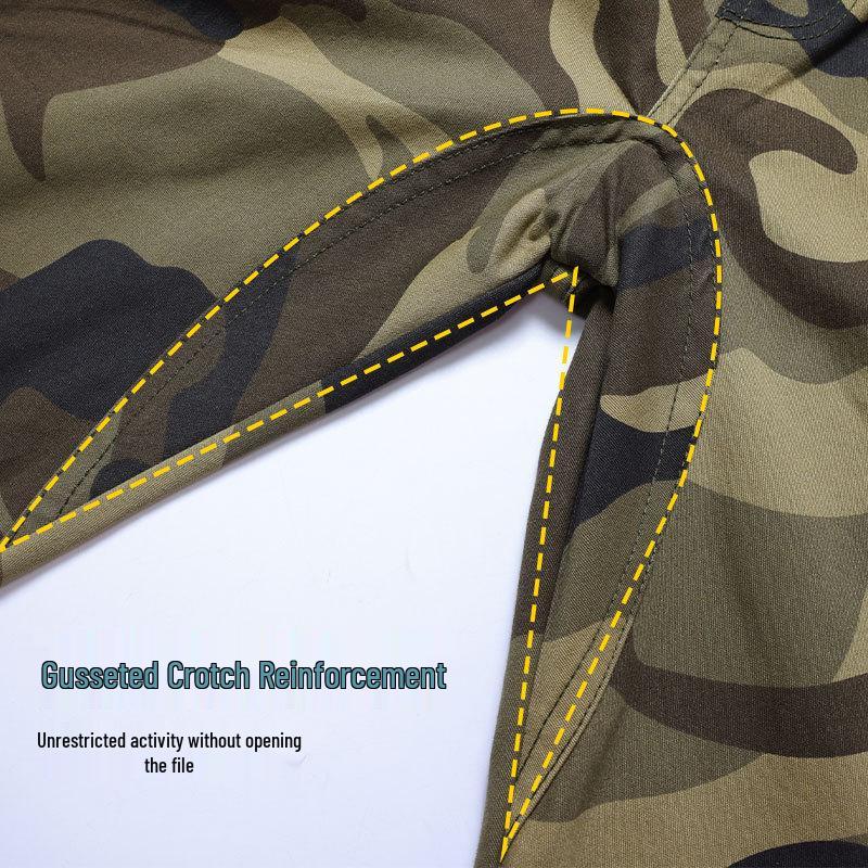 Men's Elastic Camouflage Cargo Pants: Wear-Resistant, Multi-Pocket, Skinny Fit, with Increased Crotch for Work Safety.