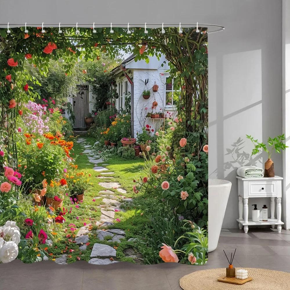 Outdoor Garden Poster Shower Curtain Vintage Window Wall Growing Floral Plants Polyester Fabric Shower Curtains Bathroom Decor